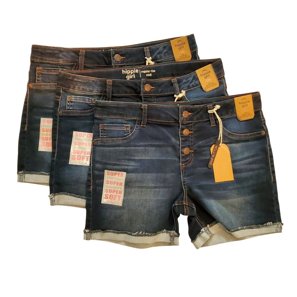 Hippie Girl Super Soft Denim Midi Shorts Regular Rise Button Fly Bundle of 3 Siz